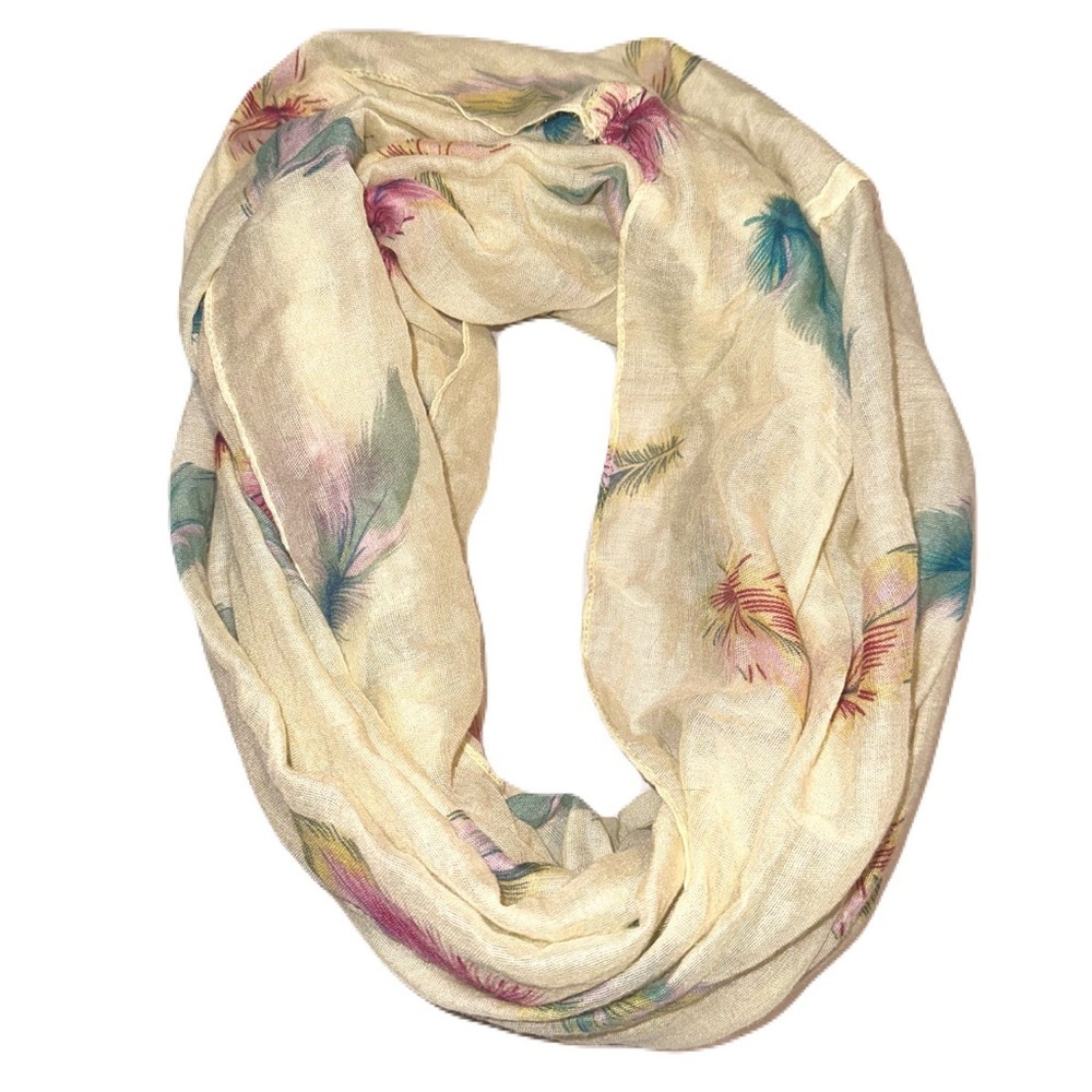 Cream infinity scarf with feather print